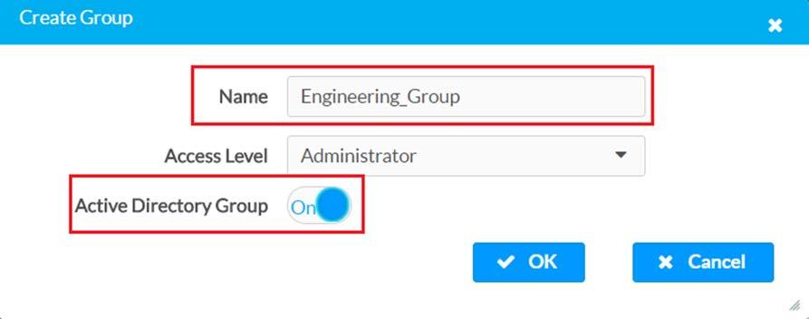 3. Click on Create Group button 4. In Create Group dialog, set the for Active Directory Group slider to ON 5.