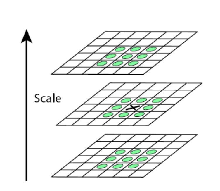 Scale Space Peak Detection Compare a pixel (X) with 26 pixels in current and adjacent scales (Green Circles) Select a pixel (X) if larger/smaller than all 26