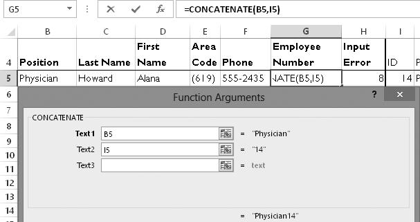 5. Follow these steps to use the CONCATENATE function: 6. Copy the formula from cell G5 to the range G6:G8. 7. Widen column G to display all the data. 8. Save and close the file.
