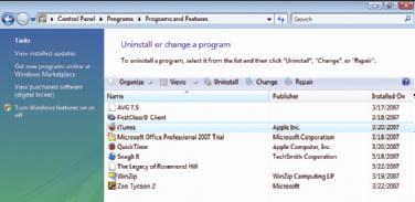 Uninstall a program (found under Programs). Currently installed programs will display (see Figure 40). To remove a program, click the program name and click Uninstall or Change on the Task pane.