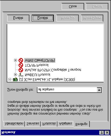 Installing the DX-LAN Card Device Driver 10. When Windows NT has finished copying the required files, select the Bindings tab. 11. In the Show Bindings for box, select All Adapters. 12.