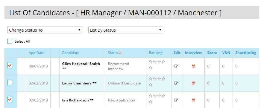 Changing a candidate's status From the candidate listing page: Tick the box next to the candidate(s) you would like to change the status for and click Change Status To at the top of the page.