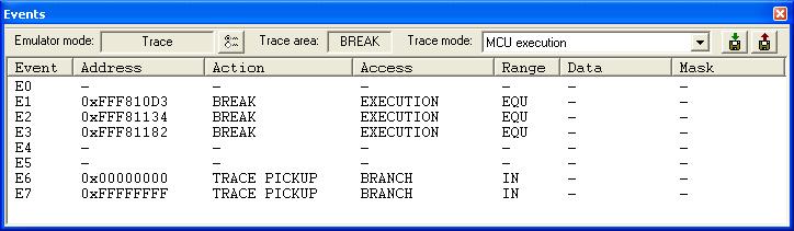 Emulator menu EVENTS WINDOW The Events window available from the Emulator menu is used for displaying and setting data break events, trace events, and RAM monitor events.
