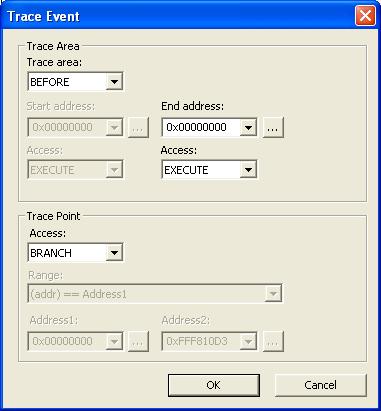 Using the emulator TRACE EVENT DIALOG BOX In the Trace Event dialog box available from the Events window context menu you can set up and modify trace events.