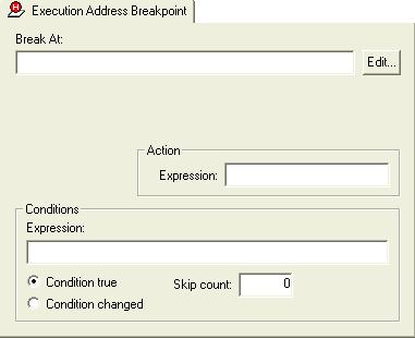 Using the emulator The Execution Address Breakpoint dialog box appears. Figure 17: Execution Address Breakpoint dialog box Break At Specify the location of the breakpoint in the Break At text box.