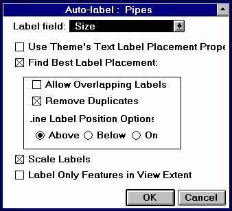 The Theme labelling options consist of: Label Field: Placement: Scale Labels: Identify the feature attribute that you wish label on the theme. ArcView provides nine default text placement options.