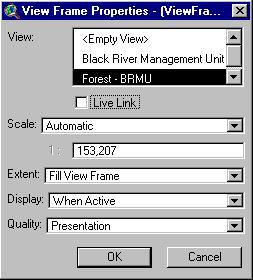 ArcView QuickStart Guide Page 15 View Frame Properties The View Frame Properties dialog box is presented after creating a new View Frame or by double-clicking on a view frame on the map layout page.