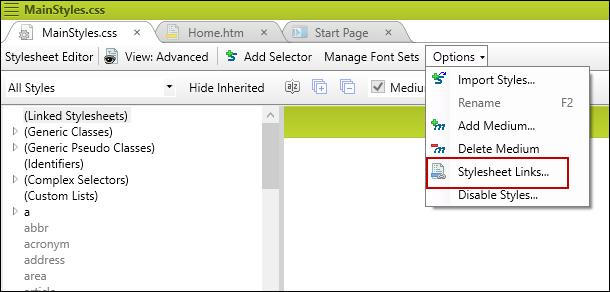 b. In the local toolbar, click Options and select Stylesheet Links. c. In the Stylesheet Links dialog, double-click Styles.