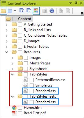 REPLACE STANDARD TABLE STYLESHEET Complete the following steps in the Legacy project. 1. In the Content Explorer, expand Resources. Then expand the TableStyles and TableStylesheets subfolders.