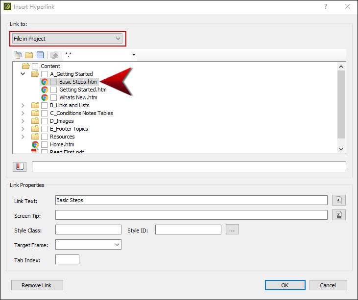 f. In the Insert Hyperlink dialog, set the drop-down at the top to File in Project.