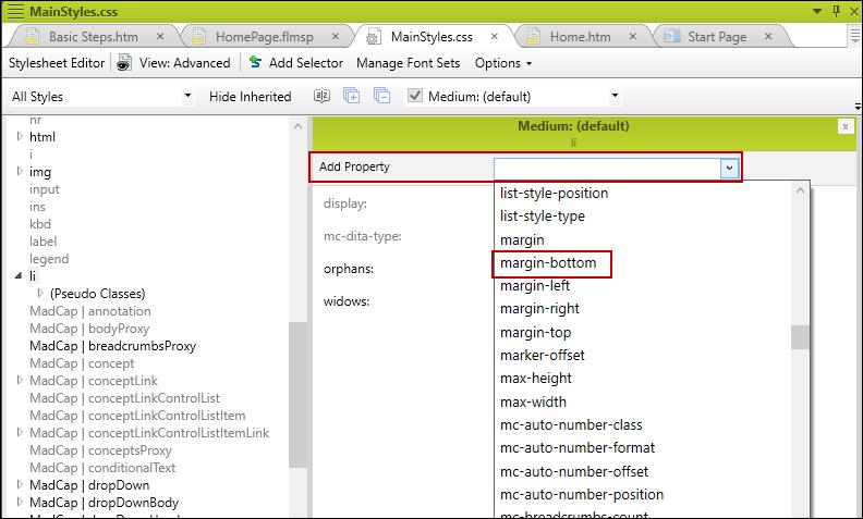 3. Click the down arrow in the Add Property field