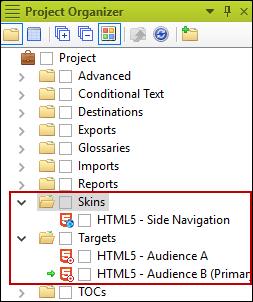 REMOVE SKINS 1. In the Project Organizer, go back to the Skins folder. 2. Delete all of the skins and components except HTML5 - Side Navigation.