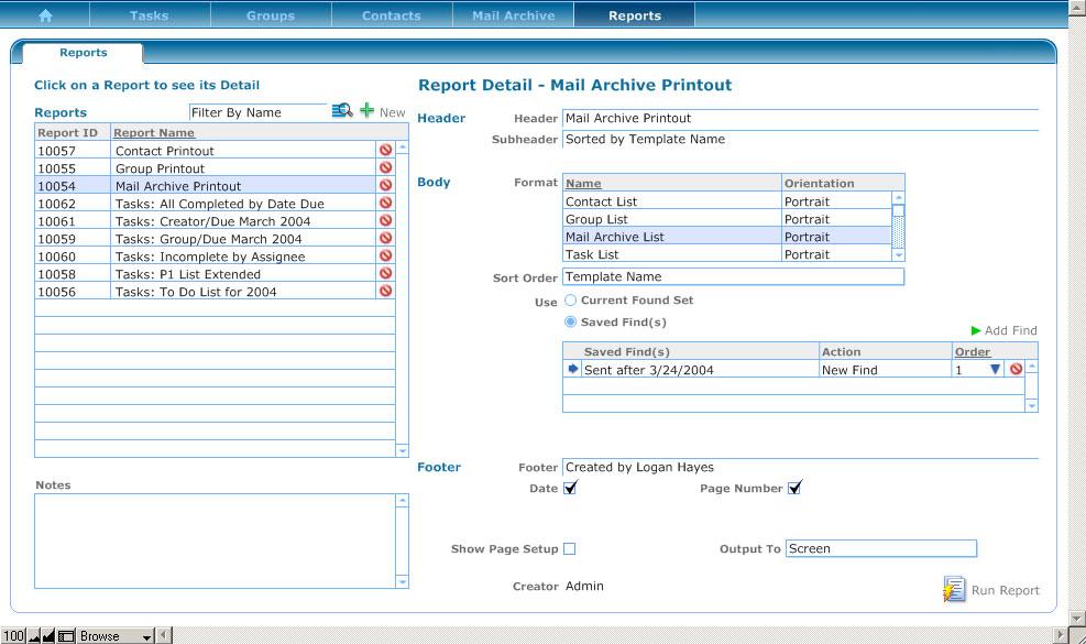 7 Reports The Reports page displays a list of the existing reports and allows you to view or modify their definitions.
