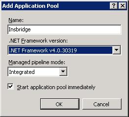 3. Enter Insbridge for the Application pool Name. Select the v4.0 for the.net Framework version. Click OK. You will be returned to the IIS screen.