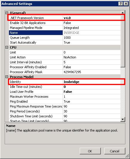 Step 2: Update Settings 1. Right click the Insbridge Application Pool you created and select Advanced Settings. Figure 10 Selecting Application Pool Properties 2. Verify that the.