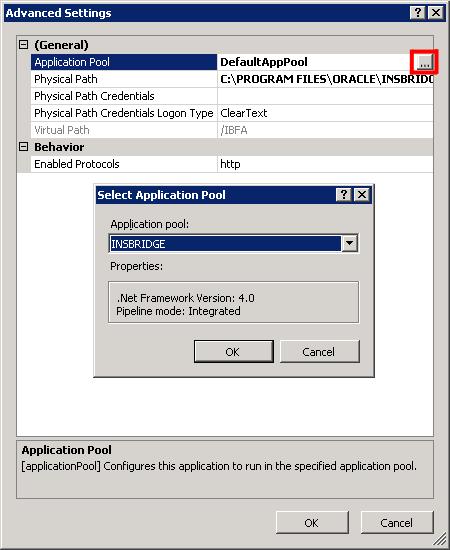 Figure 12 Adding Application to Application Pool 3. Click the ellipsis button. A separate window is displayed. 4. Select the Insbridge Application Pool. 5. Click OK.