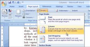 2 Open the PAGE LAYOUT tab of the RIBBON, click on the BREAKS icon and select COLUMN.