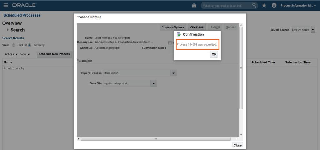 Monitor the status of the scheduled process for moving the data from UCM to the Item Management interface tables by entering the Process ID in the Search region in the Scheduled Processes user