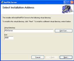 11. In the Virtual directory field, specify the virtual directory in which the NetPDA/NetCell Server should be installed on the IIS (default virtual directory is PDAServer).