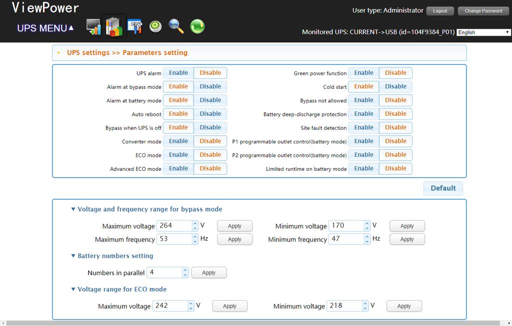 Diagram 5-12 NOTE: This screen may be different for different types of UPSs. Step 2 Select the functions by clicking Enable or Disable button.