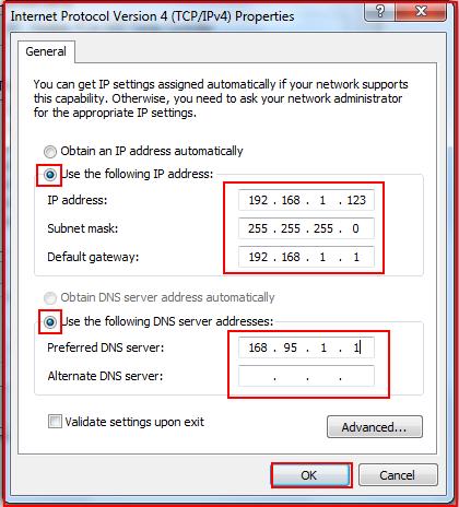 4.3.5 Key in the IP address, subnet mask, default gateway and preferred DNS server.
