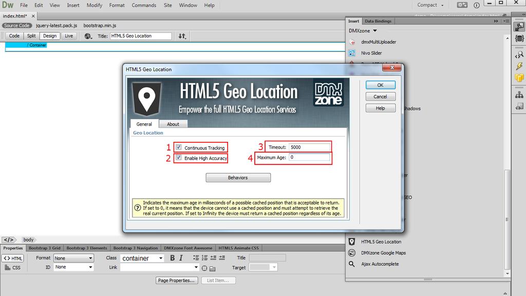 2. The HTML5 Geo Location dialog appears and you can customize its options. We enable the high accuracy (1) and continuous tracking (2) options.