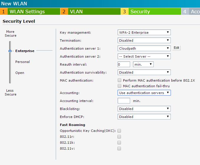 Select Enterprise on the Security Level slider. Select WPA-2 Enterprise from the Key Management drop-down menu.