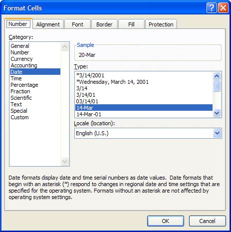 Right-click on the selected cells and select Format Cells from the popup menu 6. In the Format Cells dialog box, be sure you are on the Number tab 7. Select Date from the Category list 8.
