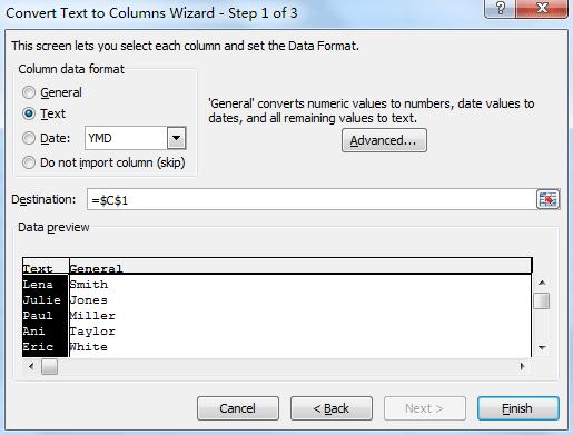 Step 5: in the step 3 of 3, check the Text option in the Column data format