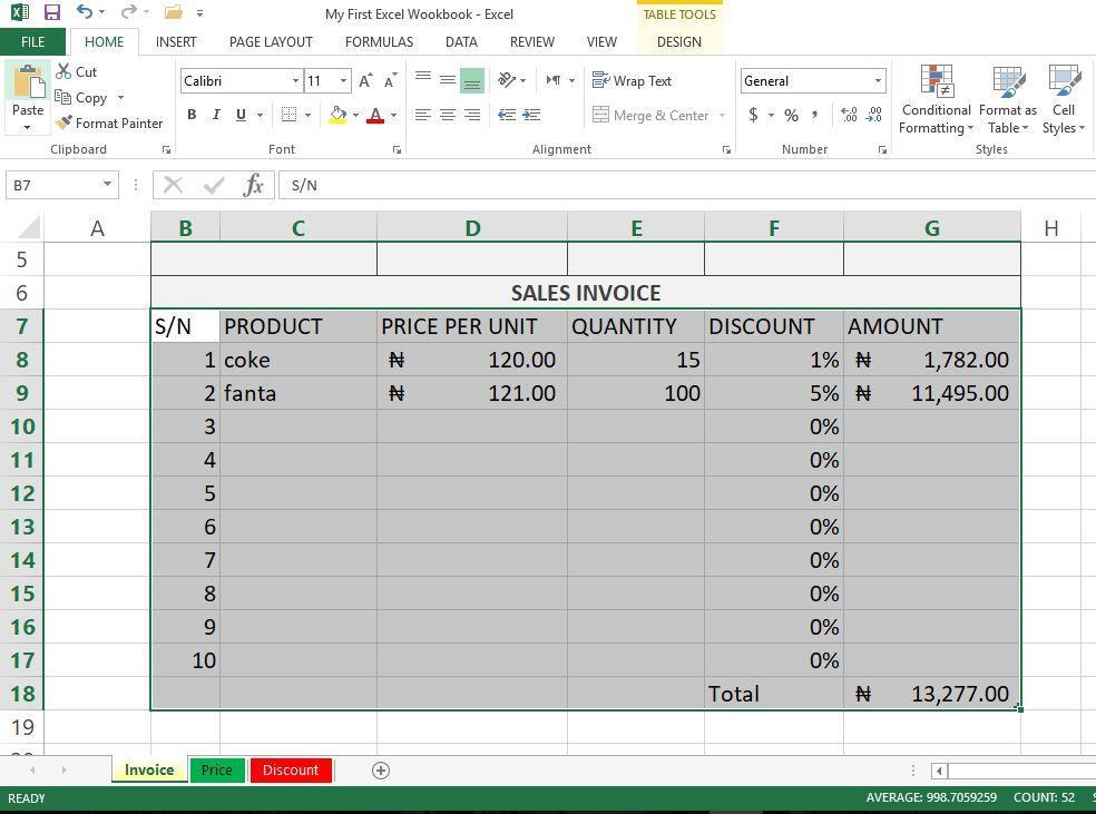 Select all the cell in the invoice area as