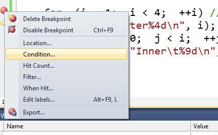 To set a conditional breakpoint, first set your breakpoint as in Section 2. Then right- click on the red breakpoint icon and select Condition.