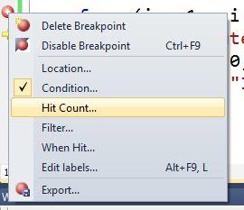 Figure 5: Setting a hit count breakpoint condition The breakpoint hit count window provides you with the following options Break always Break when the hit count is equal to a specified