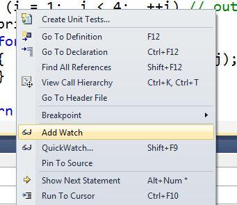 To watch a variable, right- click on the variable name within your code and press Add Watch.