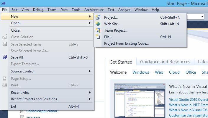 Chapter 2: Starting a New Project in Visual Studio 2010 Examples Starting a New Project in Visual Studio 2010 To start a new project in Visual Studio 2010: Click File Menu Select Project Next, we