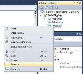Exploring Code with Microsoft Pex - 5 4. In Solution Explorer, rename the file Class1.cs 