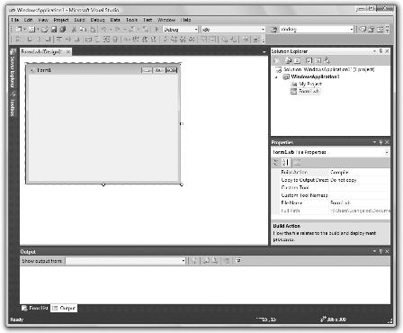 EXPLORING THE INTEGRATED DEVELOPMENT ENVIRONMENT 7 What you see now is the Visual Studio IDE displaying the Form Designer for a new project, as shown in Figure 1.3.