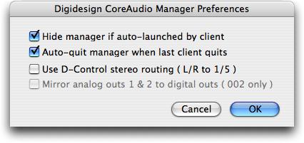 Prefs Button The Prefs button opens the Digidesign CoreAudio Manager Preferences dialog for the Manager application.