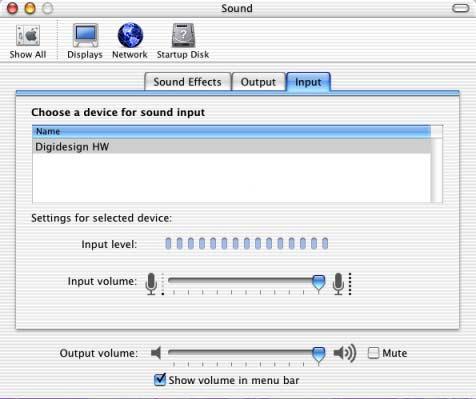 Sound Preferences, Output tab 4 Click the Input tab and select Digidesign HW as the device for sound input.