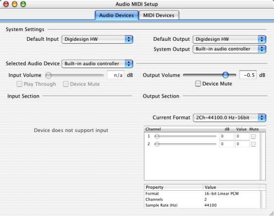 Apple Audio MIDI Setup To configure the Apple Audio MIDI Setup: 1 Launch Audio MIDI Setup (located in Home/Applications/Utilities). 2 Select the Audio Devices tab.