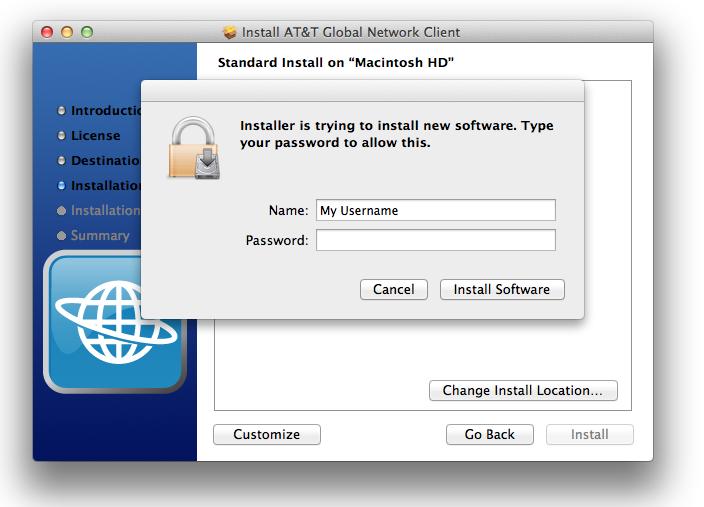 Step 5 Enter your local Mac OS administrator Name and Password to authorize the installation.