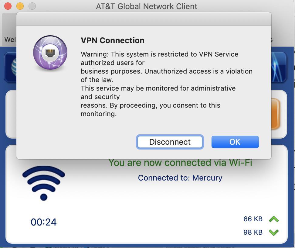 VPN Connections If you are using a VPN service, after you have entered your credentials and the AT&T Global Network Client has set up any necessary Internet connection, the AT&T Global Network Client