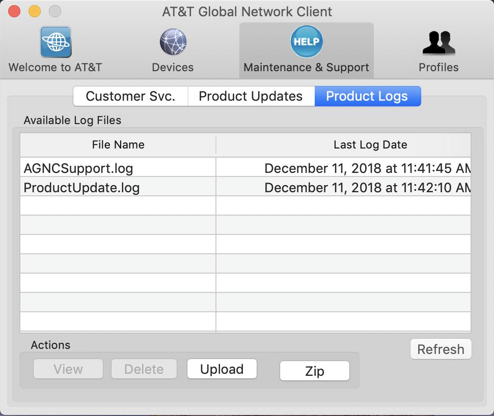 Figure 30: Customer Service Product Logs When working with the help desk, the help desk representatives may want to see logs from the AT&T Global Network Client.