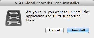 Figure 34: AT&T Global Network Client Uninstaller Step 3 You will be prompted for your Mac OS administrator password for your computer in order to complete the removal of the AT&T