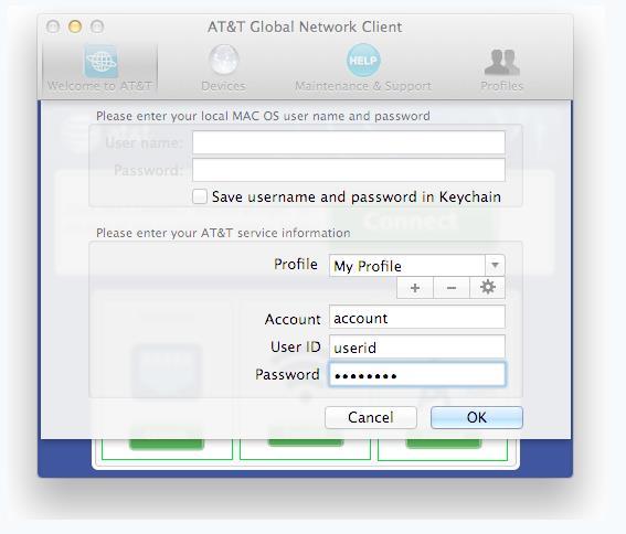 Connecting Without Saving to Keychain The AT&T Global Network Client performs network configuration tasks that