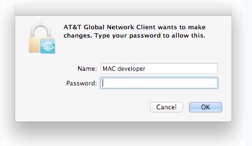Therefore, by default, the AT&T Global Network Client will create a keychain entry using your MAC OS X username