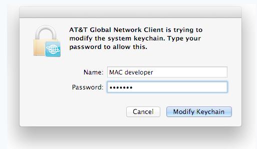 If you prefer to use the AT&T Global Network Client without creating a keychain entry, deselect the Save