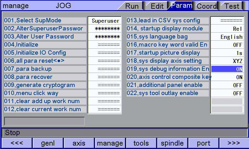 9. Main interfaces of the system Management Parameter Interface Tool magazine parameters Tool magazine parameters collect the parameters that the tool magazine requires.