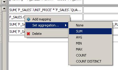 instantolap User Manual 2.7.0 Page 167 / 213 Usually, a fact is stored as a simple column in the fact table. In this case, the basic SQL-Expression would be "<fact-table>.<fact-column>" (e.g. "F_SALES.