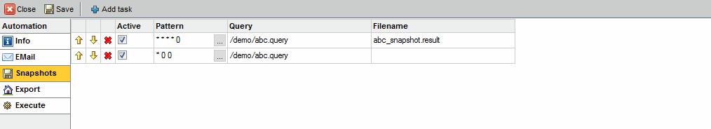 Page 48 / 213 instantolap User Manual 2.7.0 Editing Snapshot tasks Click on the "Snapshot" tabulator in the automation manager in order to edit your snapshot automation or to create a new task.