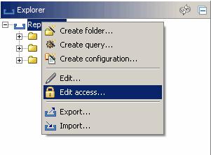 Page 76 / 213 instantolap User Manual 2.7.0 Open the context menu of the directory with the right mouse button and use you the menu item "Edit access.." This opens the Access editor.